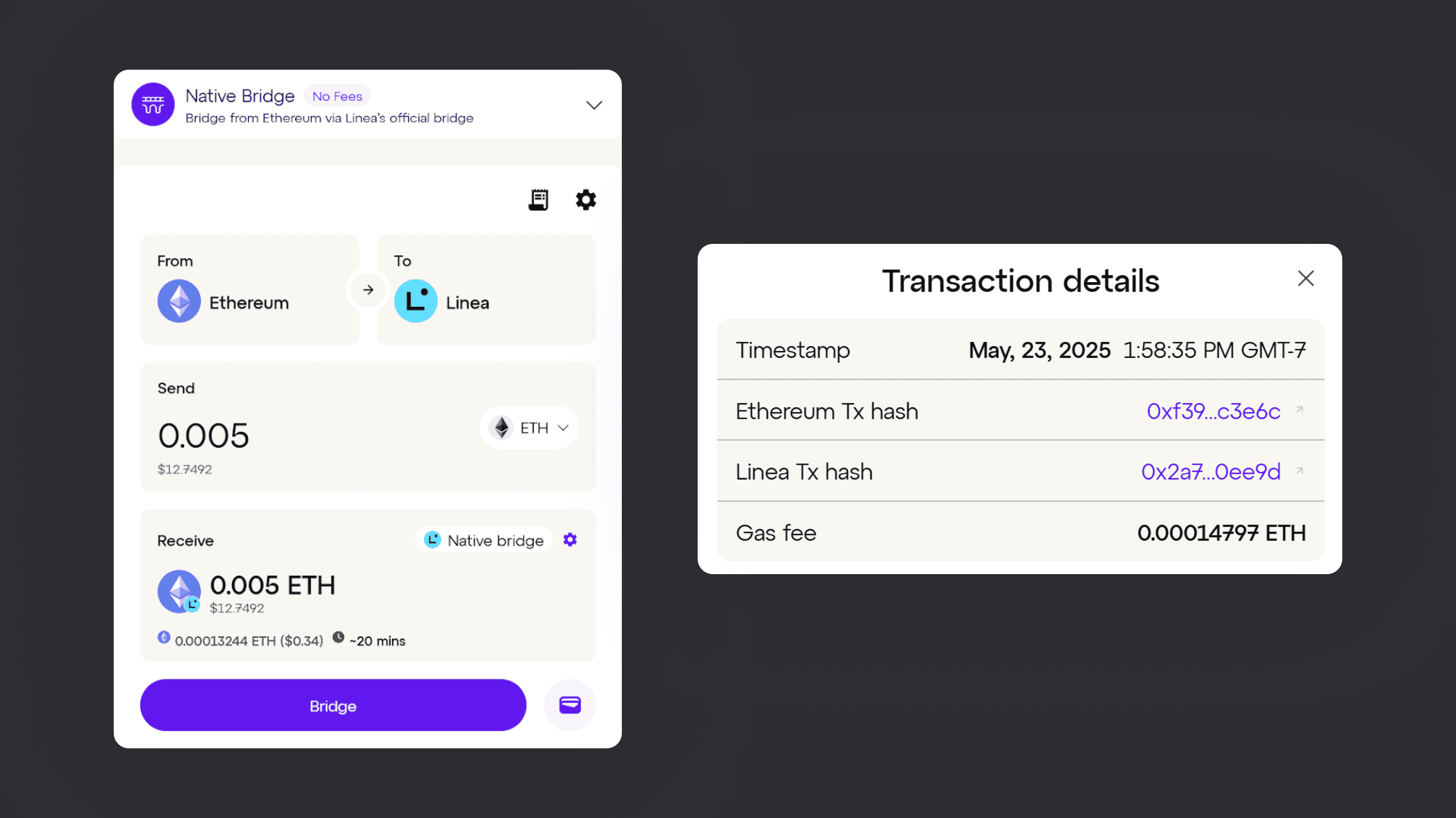 Linea Bridge (Graphic 2) Linea’s native bridge offers a direct way to bridge funds from Ethereum mainnet to Linea.
