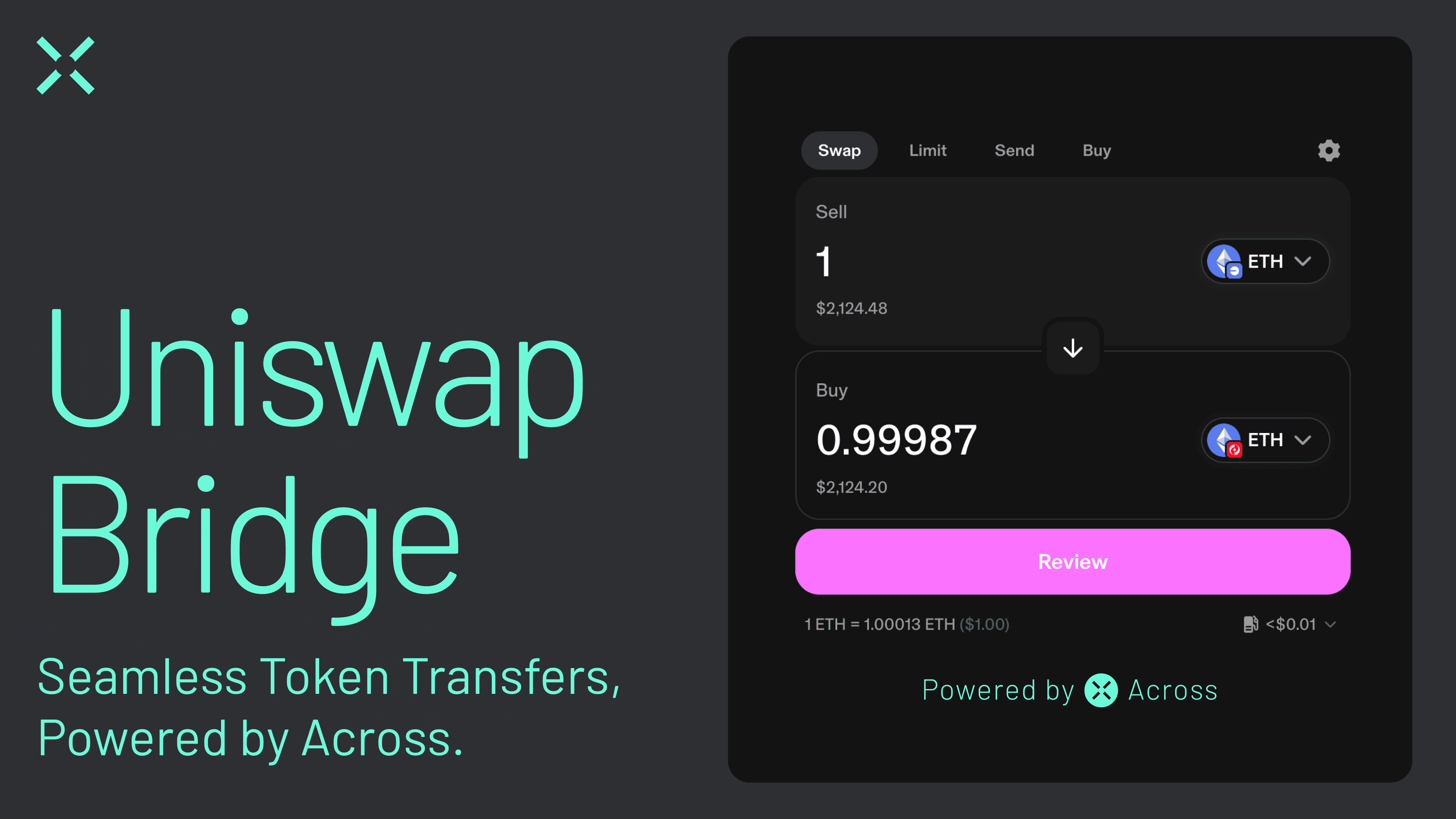 Uniswap Bridge (Hero Image) Seamlessly bridge tokens with Uniswap Bridge, powered by Across. Fast, secure transfers across Ethereum, Base, Optimism, and more—no third-party needed.