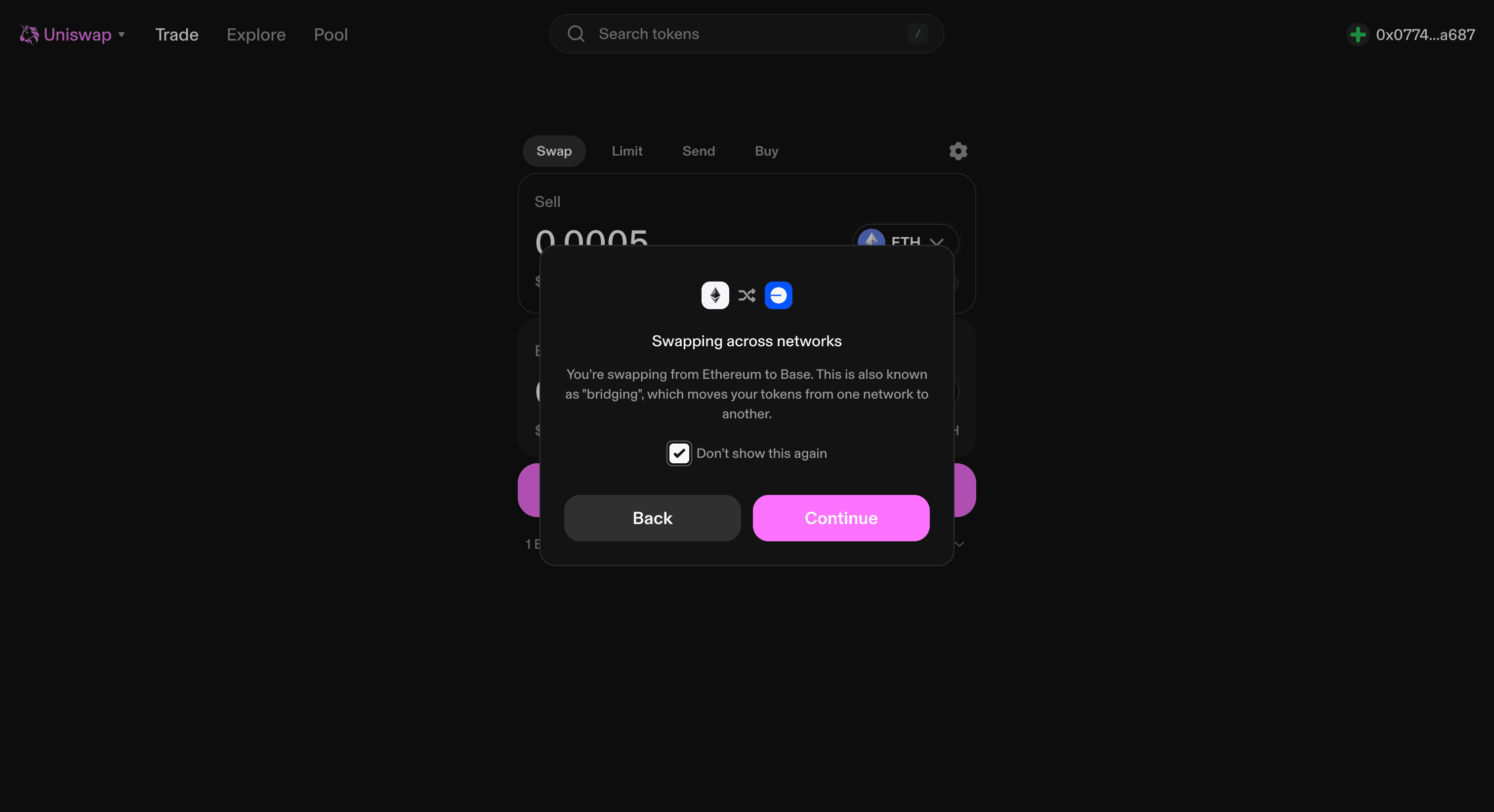 Uniswap Bridge (Review) Confirm that you want to bridge your tokens.