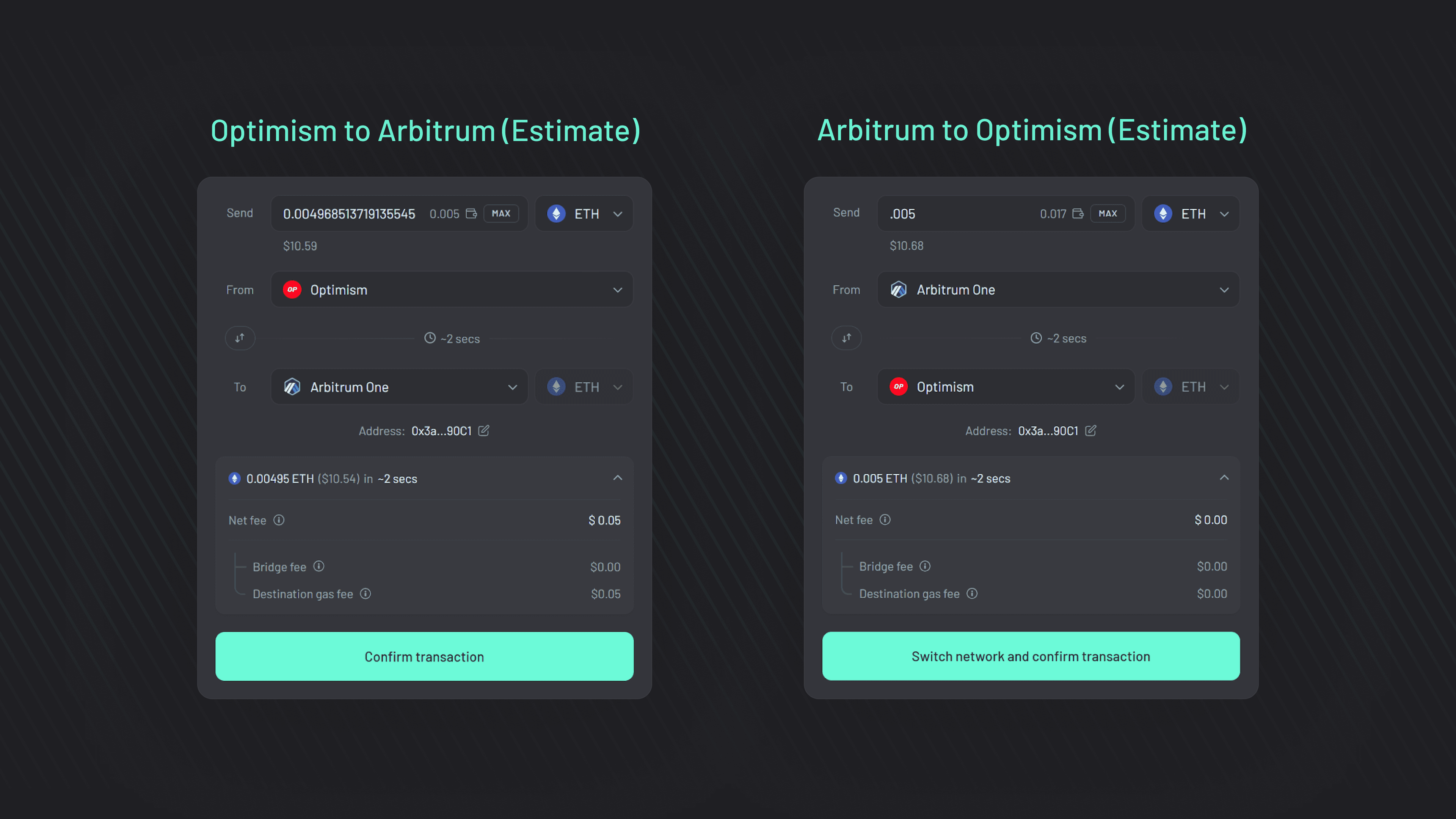 Optimism vs Arbitrum (Graphic 1) Fill time and fee estimates for bridging from Optimism to Arbitrum and vice versa.