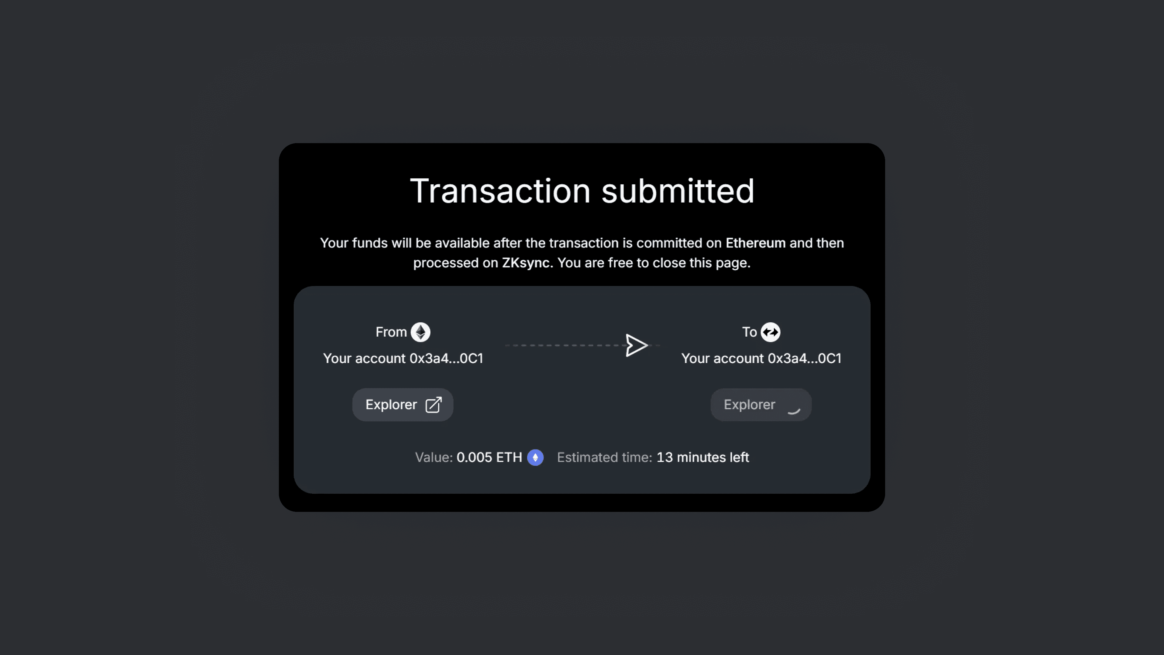 ZKsync Bridge Transaction Submitted