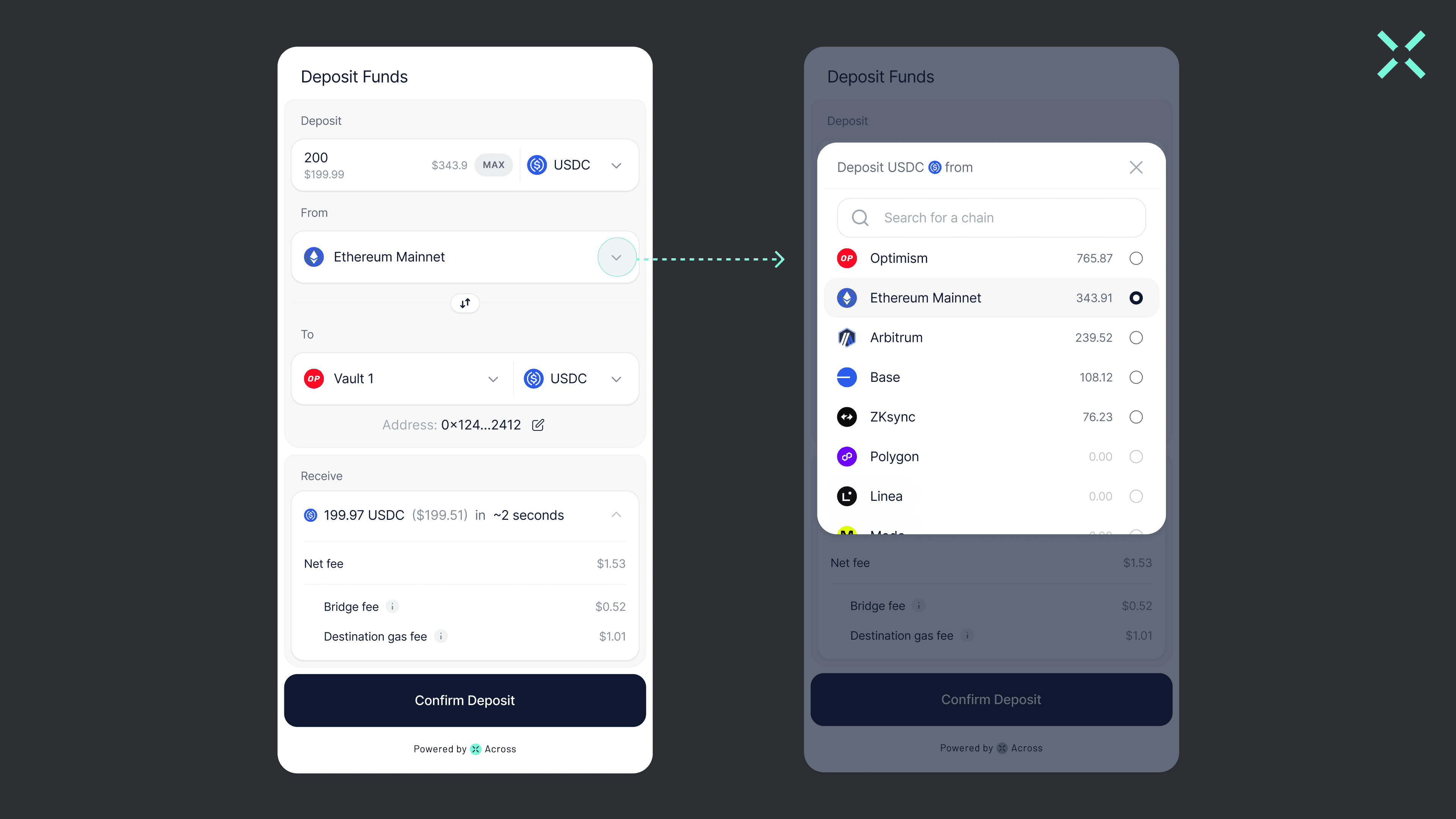 Building Crosschain Experiences (Mock-Up UI) Example of an embedded crosschain deposit feature.