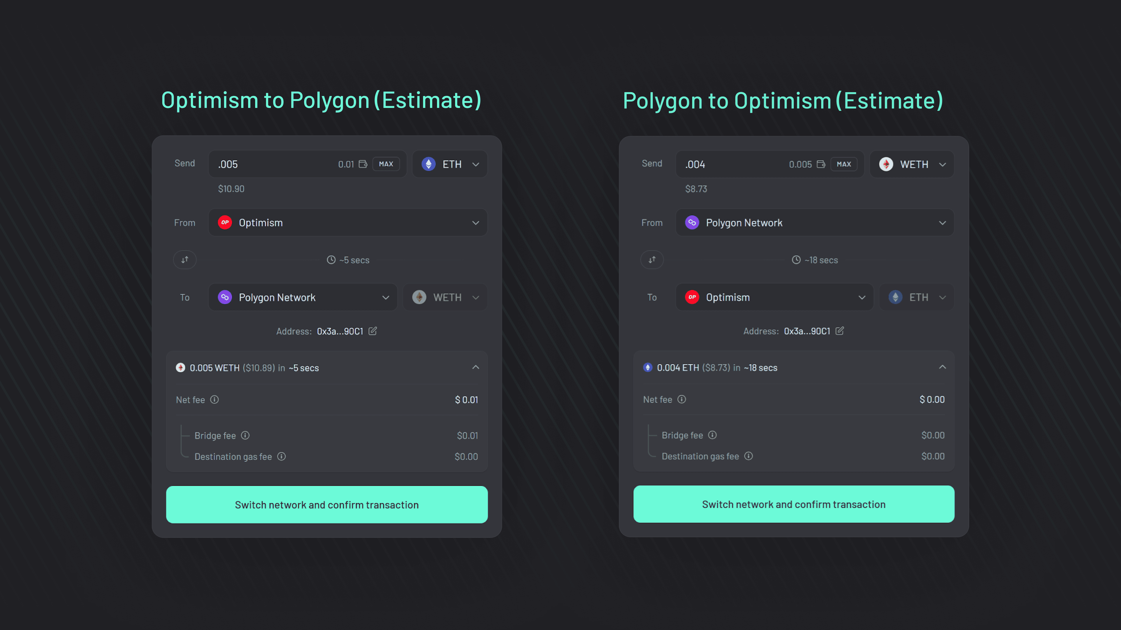 Optimism vs Polygon (Graphic 1) Fill time and fee estimates for bridging from Optimism to Polygon and vice versa.