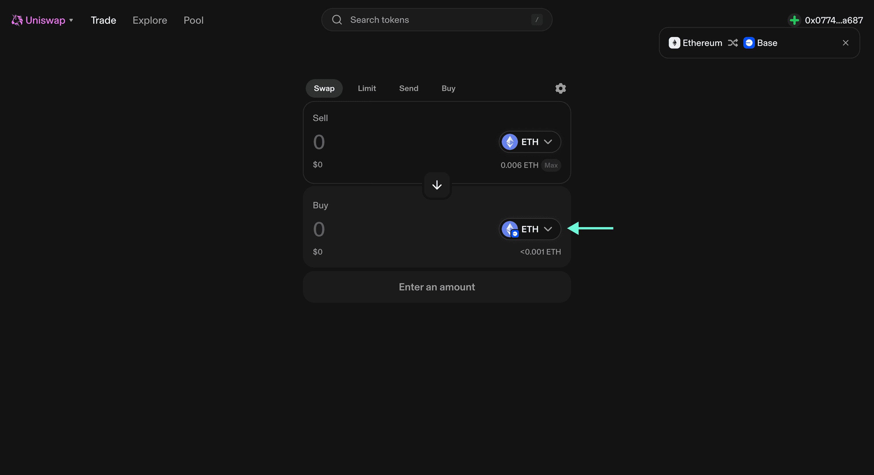 Uniswap Bridge (Select Token 2) Choose the same token on the destination chain.